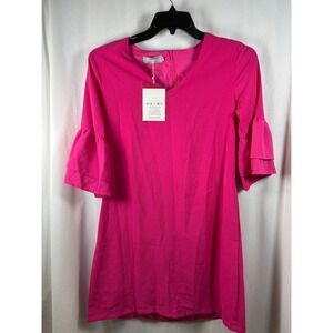 BELONGSCI Hot Pink V-Neck Tiered Bell Sleeve Shift Mini Dress Womens Medium NWT